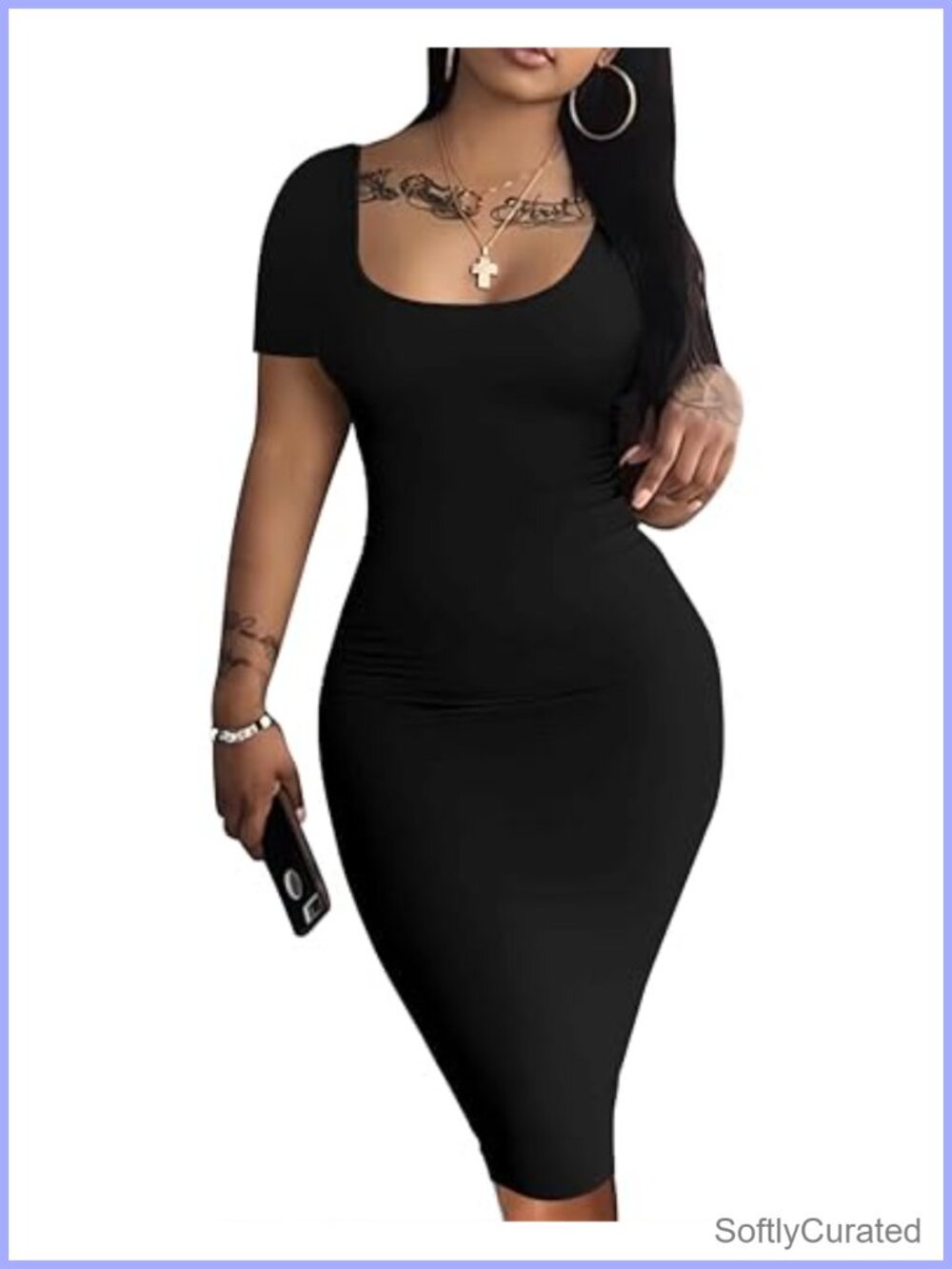 Short Sleeve Bodycon Midi Dress U-Neck Fitted Club Night Out
